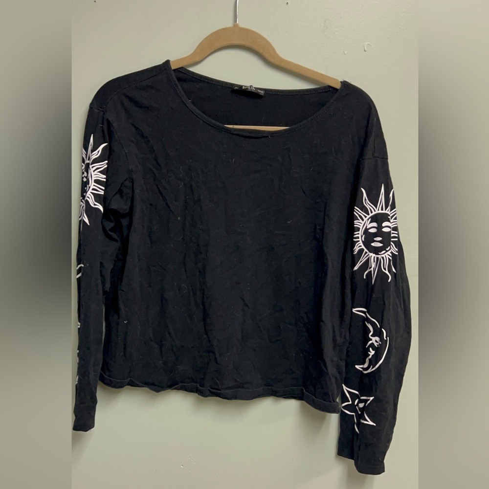 Black Long Sleeve Tee with White Sun and Moon Design